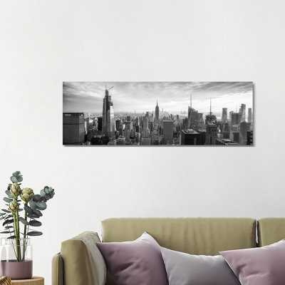 New York City Skyline Panorama In Black And White 1 Piece Wrapped Canvas Panoramic Wall Art