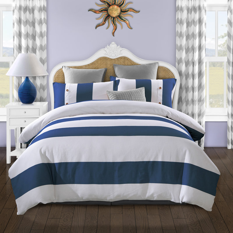 Navy Blue and White Cotton Full/Queen Duvet Cover Set