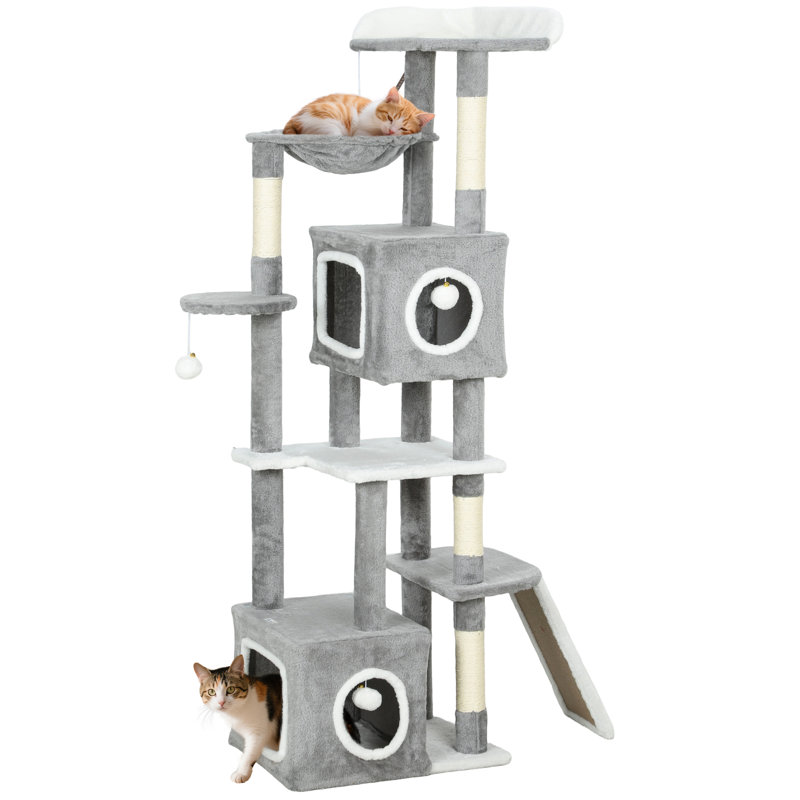 Arbre à chat 65 po, tour à chat multi-niveaux avec condos, perchoir, gris, Gris