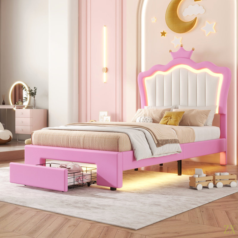 Structure de lit simple tapissier avec lumières DEL, lit princesse rembourré moderne avec tête de lit couronne, tiroir