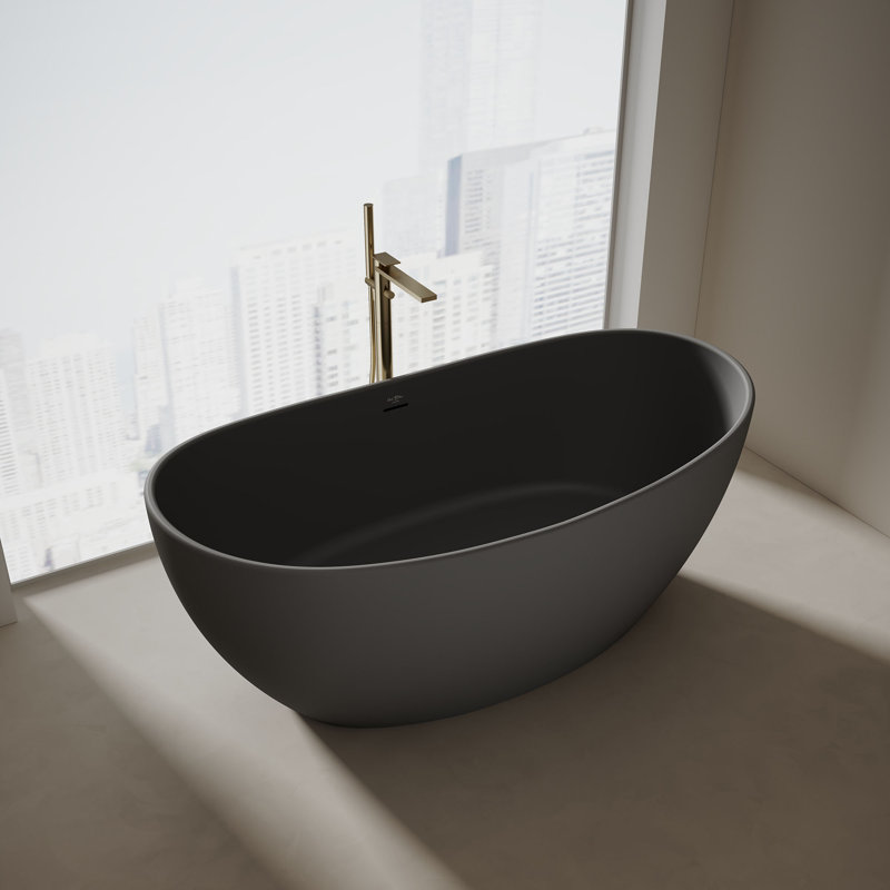 Baignoire de trempage autoportante noire solide de 64 po x 33 po avec trop-plein et bonde escamotable pour salle de bain MonBlari