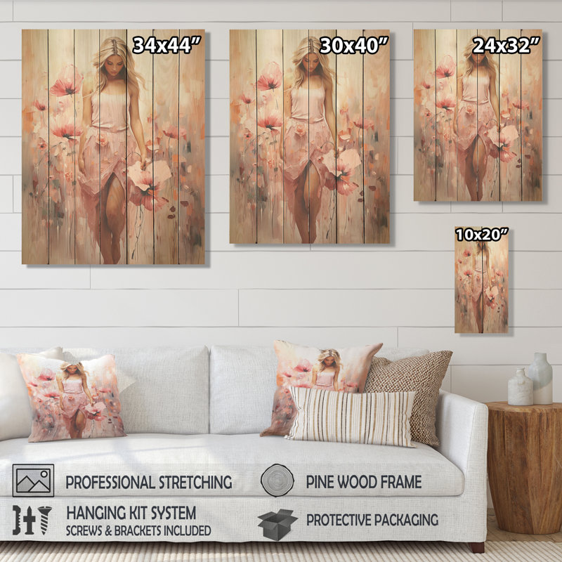 Femme rose en ballet floral - ballet sur bois, H 32 po x l 24 po