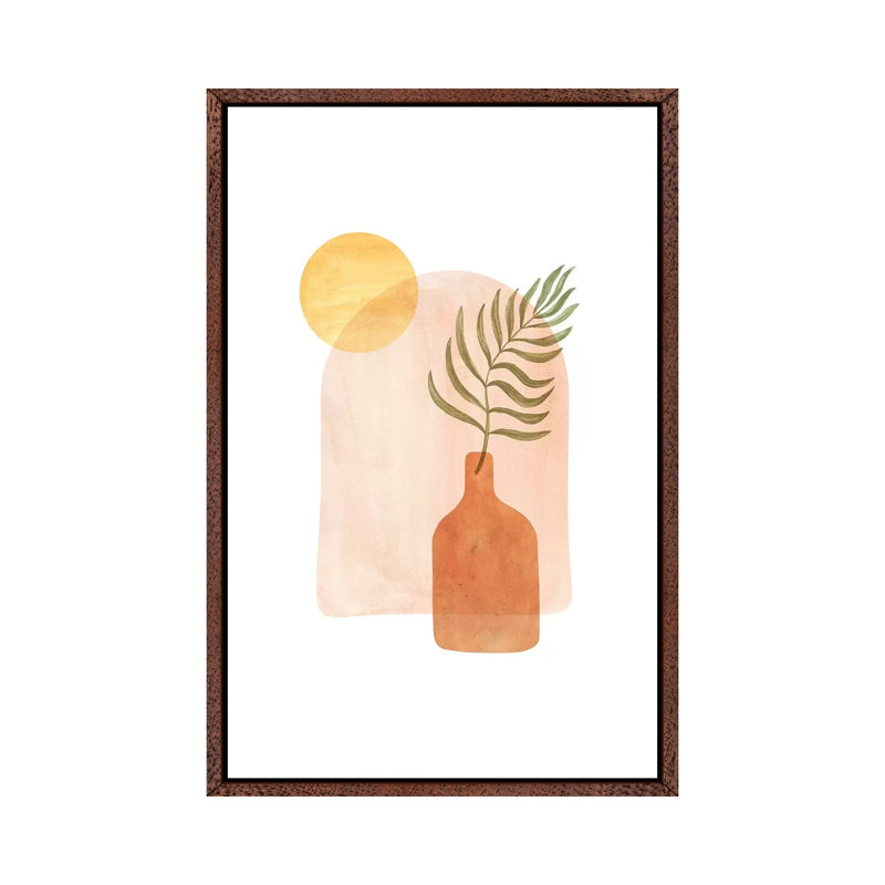 Boho Vase And Palm Leaf - Painting on Canvas, 101.6cm H x 66.04cm W x 3.81cm D, Classic Brown Wood Framed