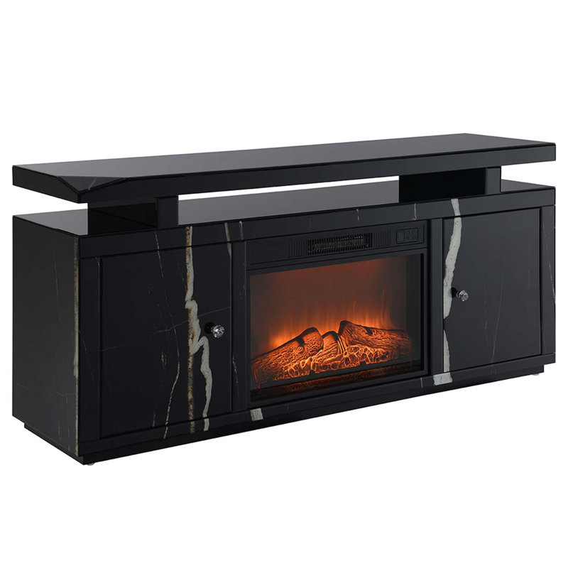 Meuble télé Drisana l 59 po avec foyer, finition miroir noir