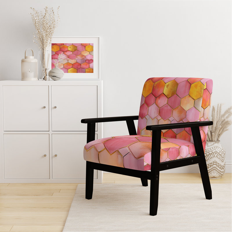 Chaise d'appoint abstraite à motif géométrique nid d'abeille dans des tons de coucher de soleil, Black Square Arms