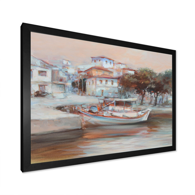 «Pastel White Boat On Calm Sea», reproduction sur toile flottante, Cadre photo noir, H 8 po x l 12 po x P 1 po