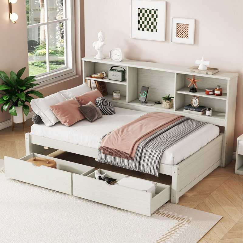 Twin Size Bed Frame With Side Bookshelves, Two Drawers, And Built-In USB Port For Creamy White Color, Creamy White