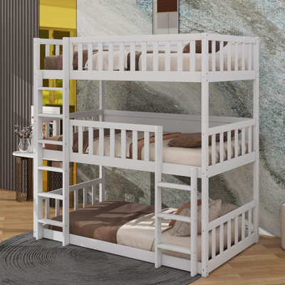 Lit superposé simple en bois d'hévéa triple avec échelles et barrières de sécurité