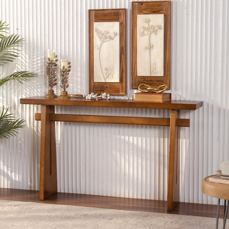 Console noyer en MDF brun, table de canapé d'entrée étroite de 55 pouces, table d'appoint minimaliste rustique avec cadre de support double, console de vestibule facile à assembler pour le couloir du salon