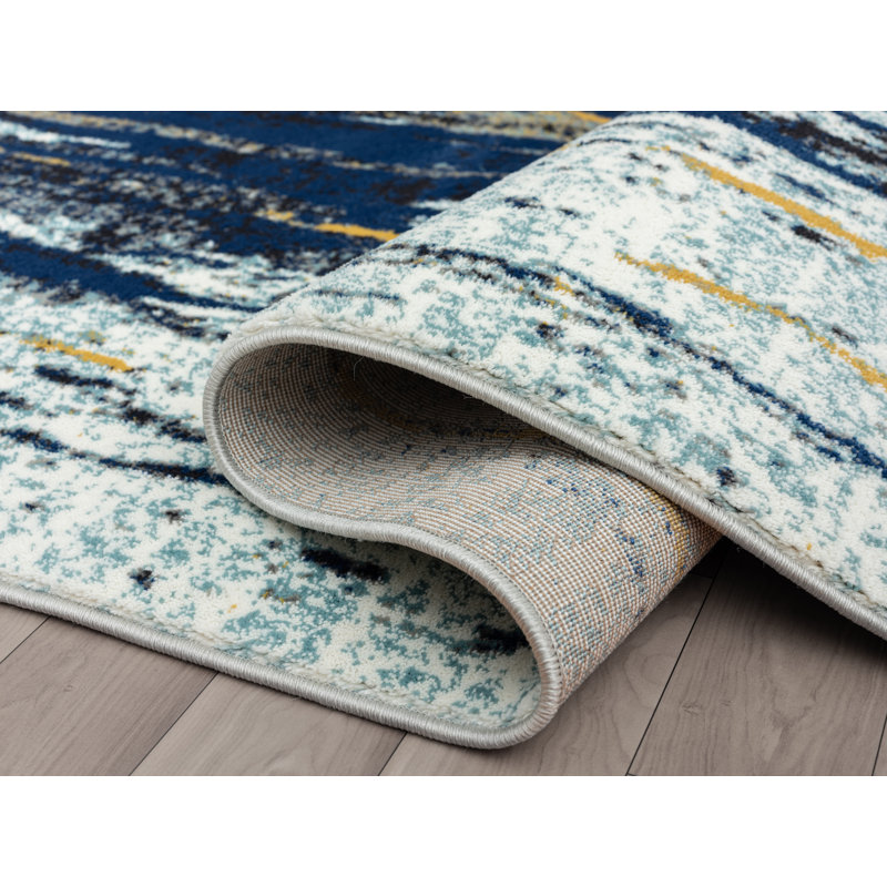 Laguna Blue and Yellow Abstract Synthetic Round Rug