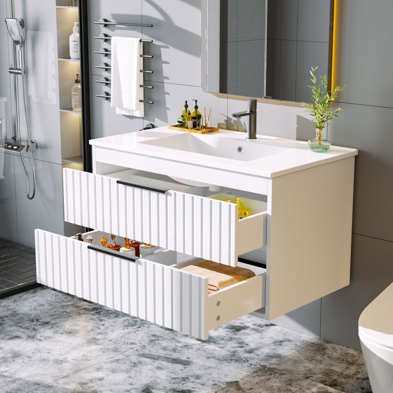 30" Floating Wall Mount Single Bathroom Vanity with Ceramic Sink Top, White/Black