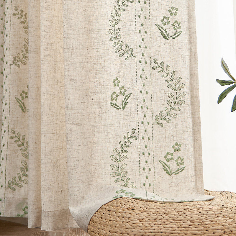 Linen Blend Embroidered Curtains Farmhouse Flower Patterned Curtains for Bedroom, Sage, 50" W x 84" L