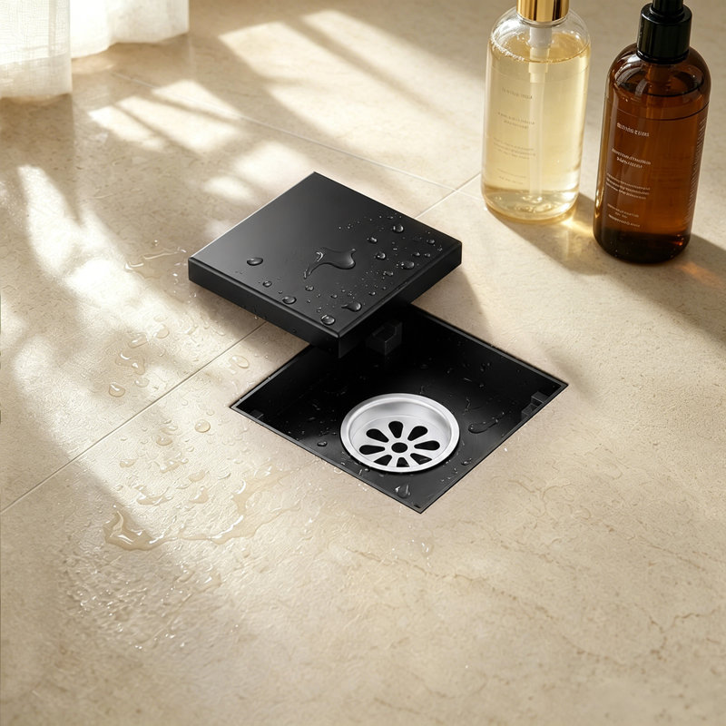 Drain de douche carré 4 pouces, Noir mat