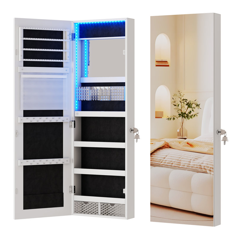 Jewelry Cabinets with Mirror and LED Lights, Door Hanging/Wall Mounted Jewelry Armoire, White