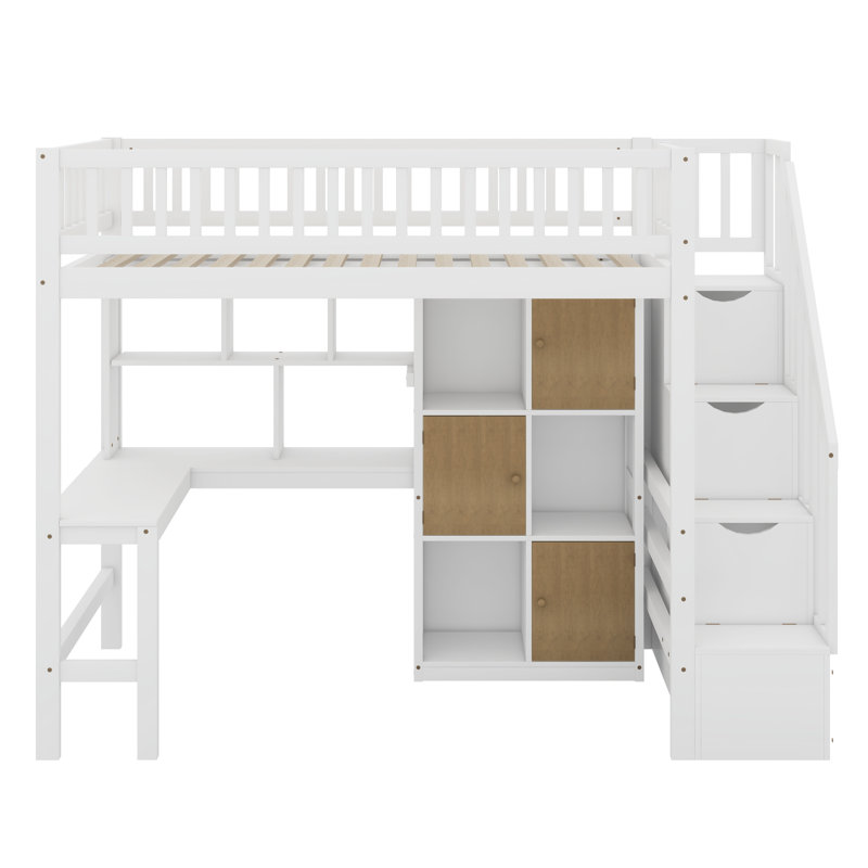 Lit mezzanine simple en bois avec bureau intégré, DEL, tablettes de rangement, armoires et escalier, Blanc