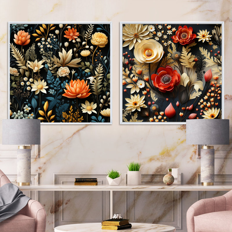 Naelle - Ensemble de 2 collages floraux carrés, Cadre flottant blanc, H 30 po x l 61 po