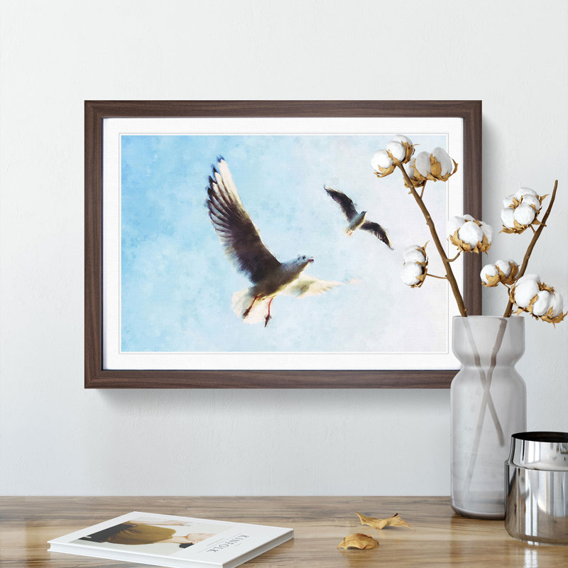 Pair Of Flying Seagulls - Single Picture Frame Print on MDF, 33cm H x 45cm W x 2cm D, Walnut