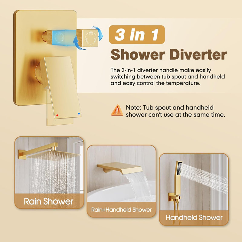 Brushed Gold Shower Faucet Set 10 inch Rain Shower Head Combo with Tub Spout Kit