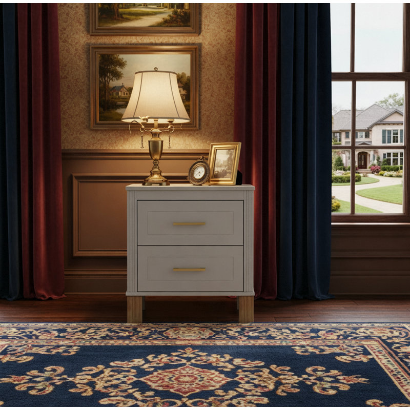 Table de chevet 2 tiroirs Premium avec poignées en métal pour la chambre à coucher ou le salon, Gray