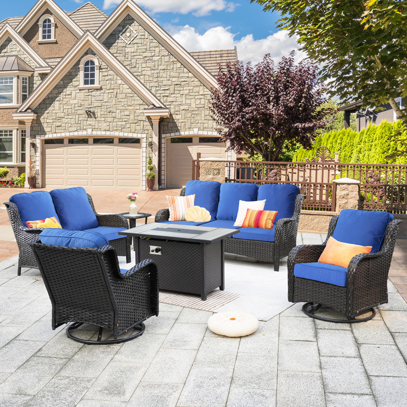 7 - Person Outdoor Seating Group With Cushions And Fire Pit, Navy
