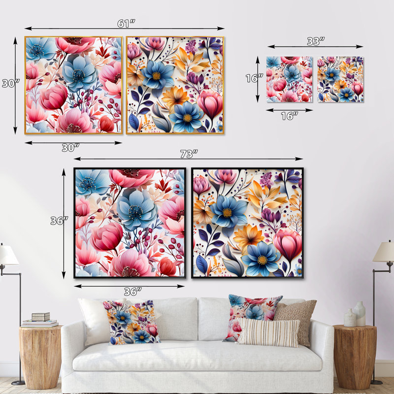 Yarmouth - Ensemble de 2 collages carrés floraux, H 36 po x l 73 po, Cadre flottant noir