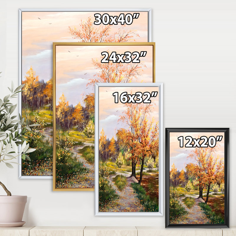 Rivière dans le bois orange - peinture sur toile, H 32 po x l 16 po x P 1 po, Cadre flottant doré