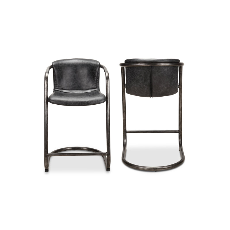 Freeman Bar Stool, Counter Stool (25" Seat Height), Black Genuine Leather