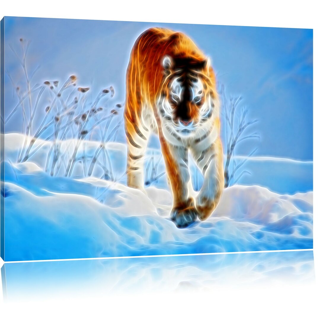 Leinwandbild Tiger im Schnee in Braun/Blau