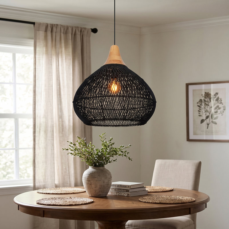Luminaire suspendu en rotin noir à 1 lumière Briena, H 19,68 po x l 19,68 po x P 19,68 po