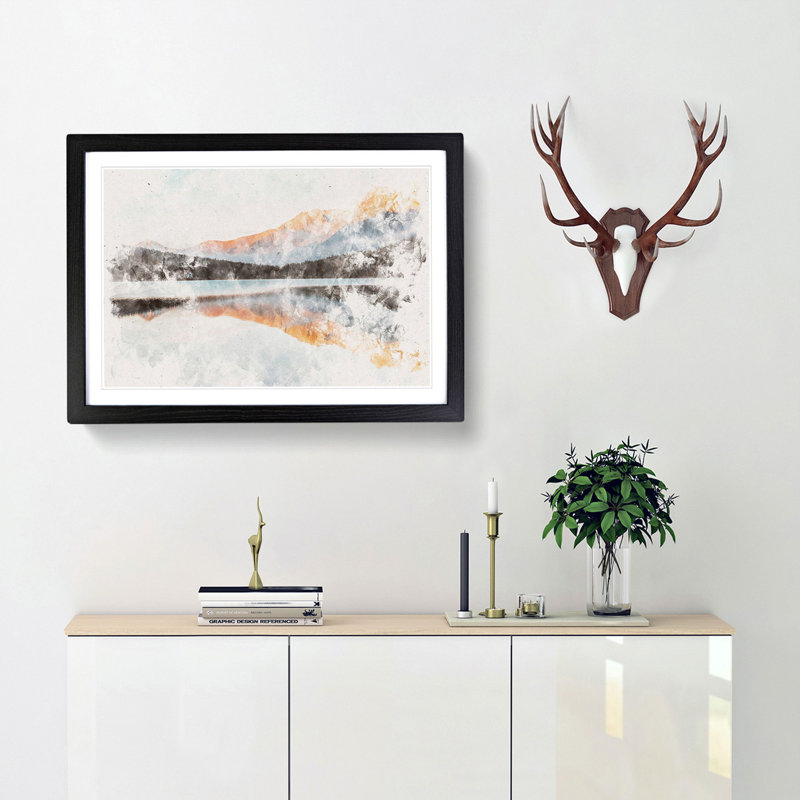Mountain Reflection in Italy - Framed Print, 33cm H x 45cm W x 2cm D, Black Framed