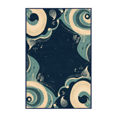 Machine Washable Wilkerson Clam Chowder Coastal Solid Color Rug in Blue – Navy Binding