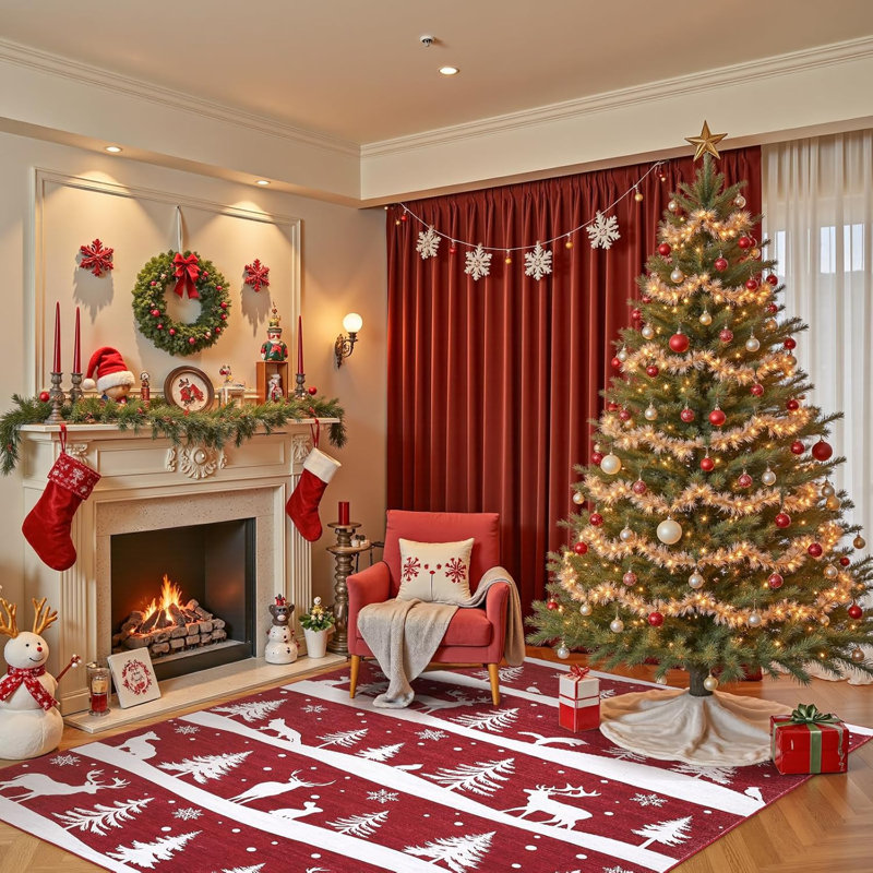 Rug, Christmas Rugs with Xmas Tree Reindeer Snowflake for Holiday Decor, Non Slip Low Pile Washable Rug for Kitchen, Entryway, Living Room, Bedroom, Red