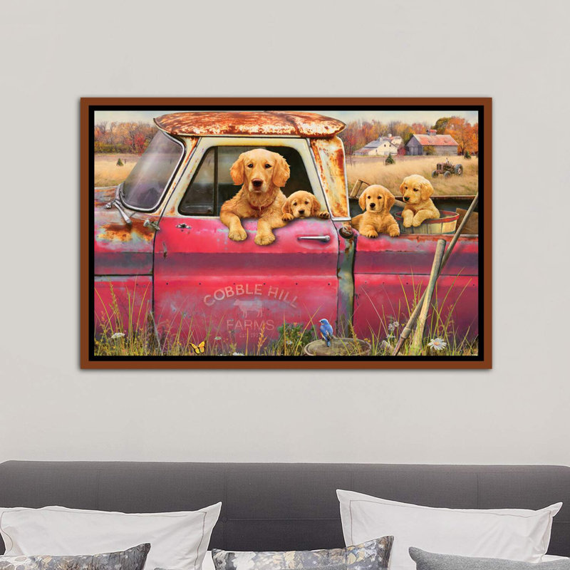 «Goldens And Truck» - Imprimé, H 26 po x l 40 po x 1,5 po, Cadre bois classique