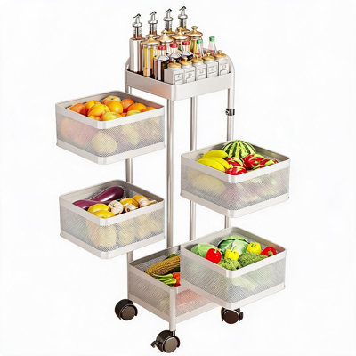 Mobile 5-Tier Carbon Steel Rotating Storage Cart with Mesh Basket Top Lid Wheels Utility Rack for Kitchen Bathroom Living Room Easy Assembly