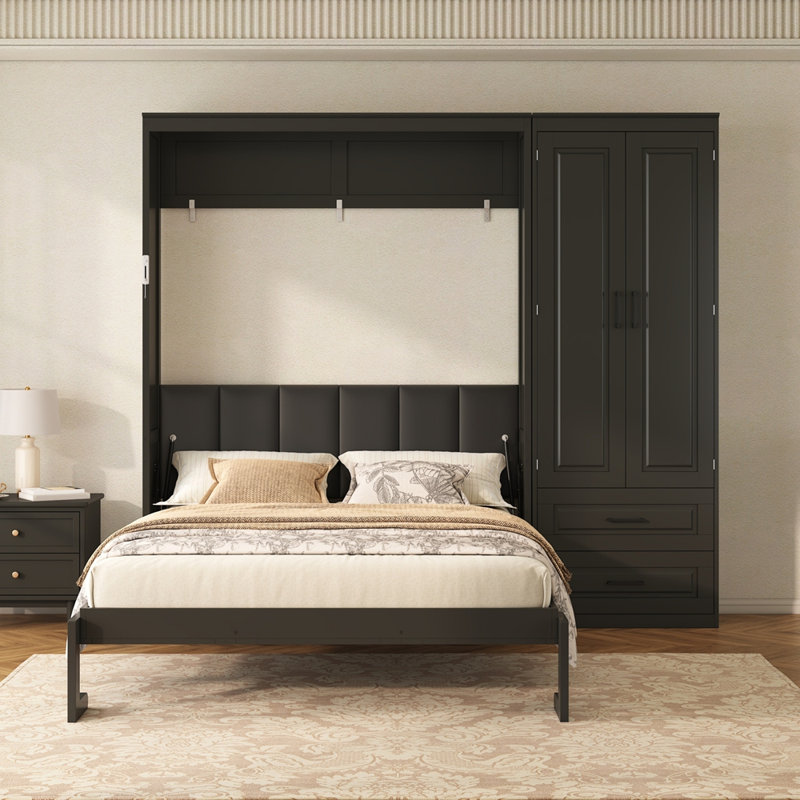 Grand lit escamotable avec garde-robe de rangement et tiroirs, tête de lit tapissier, Noir