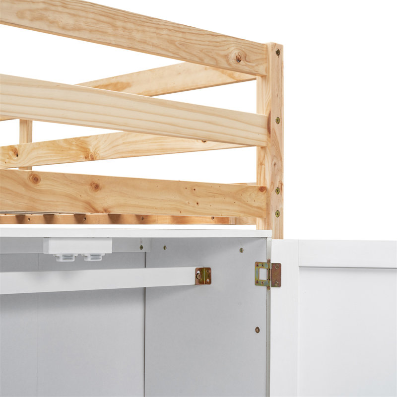 Lit mezzanine en bois avec garde-robe de rangement intégré et 2 fenêtres, Naturel / Blanc