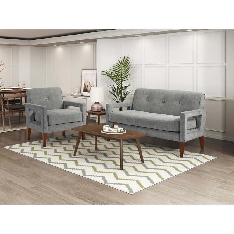 Mobilier de salon moderne en chenille gris avec rembourrage en mousse, coussins réversibles et pieds en bois massif avec cadre en noyer et finition facile à assembler