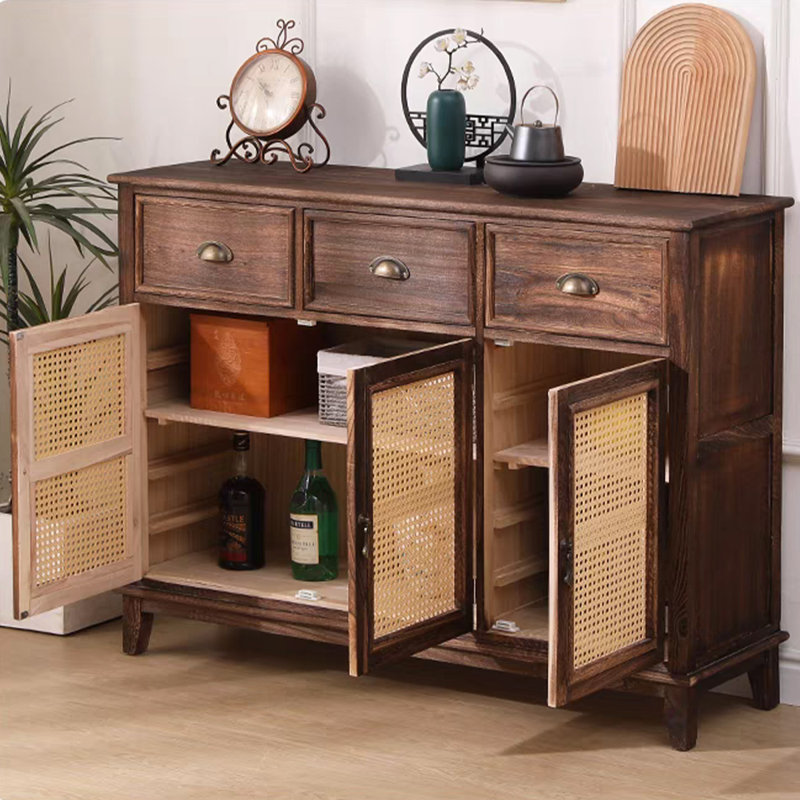 Buffet en bois massif brun foncé et rotin, Marron foncé