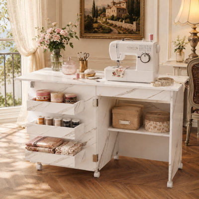 Bureau de couture pliable 4-en-1, table de maquillage pour coiffeuse et armoire de rangement pour cuisine, bureau d'ordinateur pour bureau avec bureau à roulettes