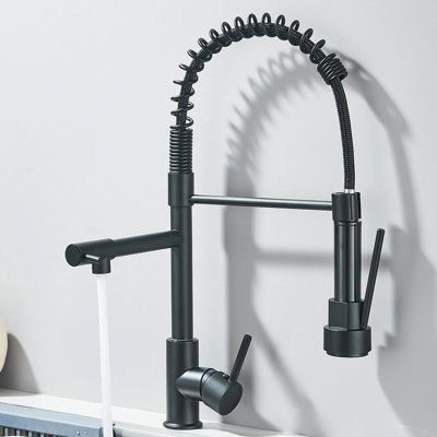 Mosson All-Black Spring Pre-Rinse Kitchen Faucet with Pull-Down Sprayer and Secondary Spout