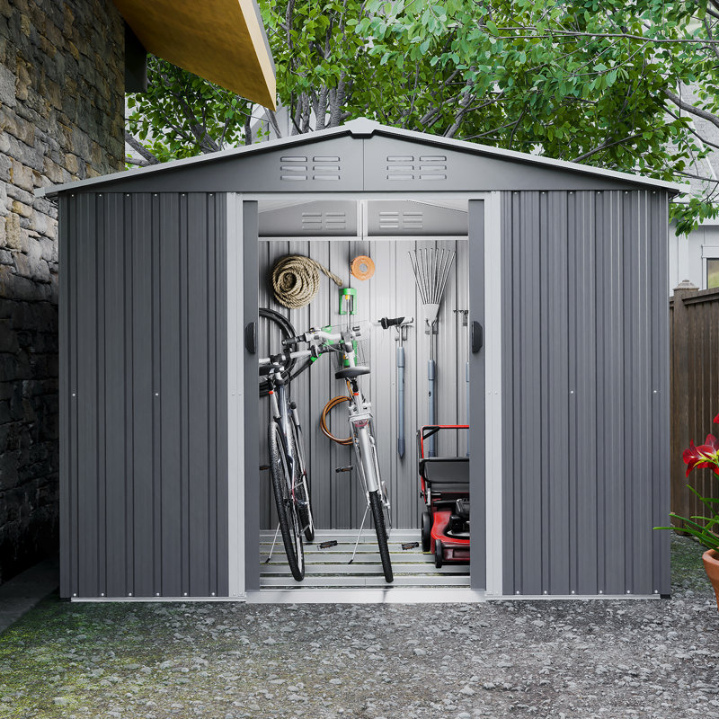 Remise de rangement pour outils 8 x 6 pi avec fondation en métal et portes verrouillables, remise en métal toutes saisons