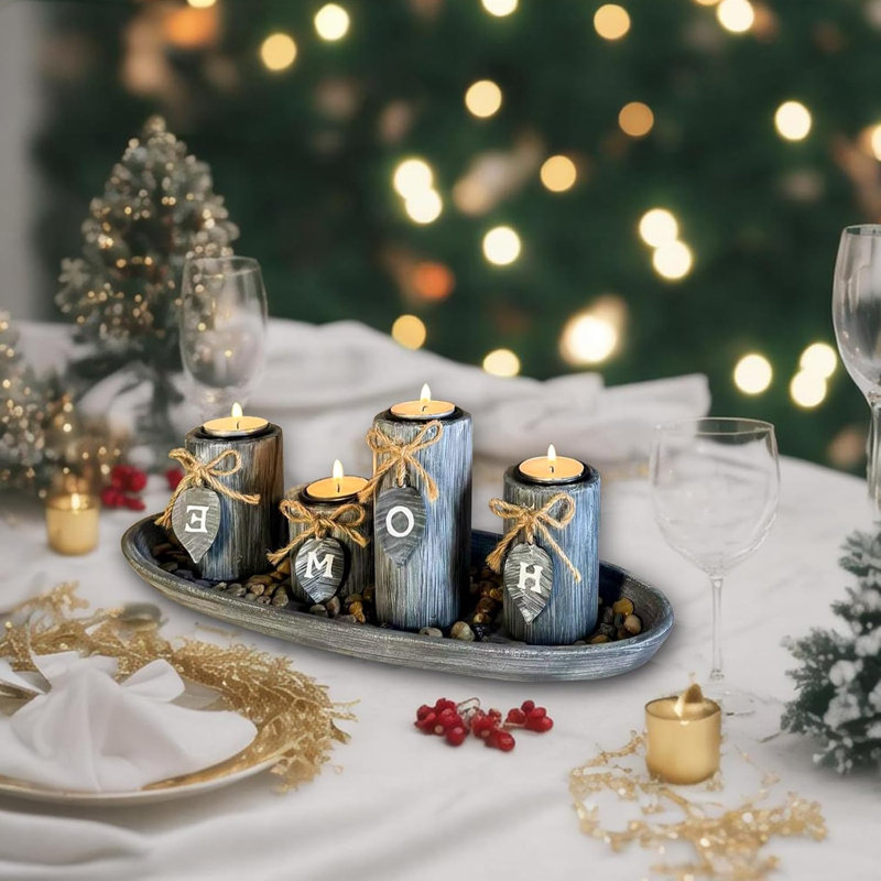Wooden Candle Holder Centerpiece With Rustic Tray