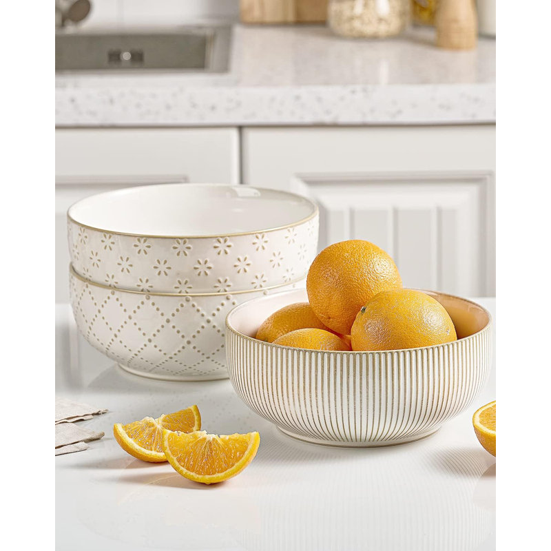 Ensemble de 2 bols de service en céramique, grands bols à salade de style campagnard de 60 oz, allant au micro-ondes et au lave-vaisselle, rayures en relief et étoiles, bols de cuisine décoratifs