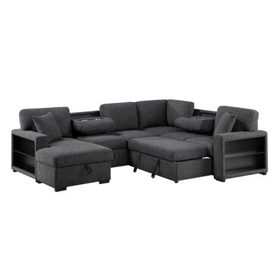Modern Dark Grey L-Shaped Sectional Sofa Bed with Storage Chaise, USB Charging & Drop Down Table, Linen-Like Polyester Convertible Couch for Living Room