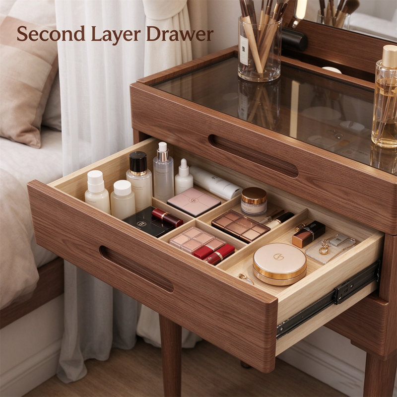 Solid Wood Small Vanity Desk with Mirror and Lights, Walnut