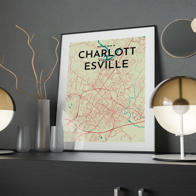 Charlottesville, carte de la ville, impression graphique, H 24 po x l 18 po x P 0,05 po, Vert / beige