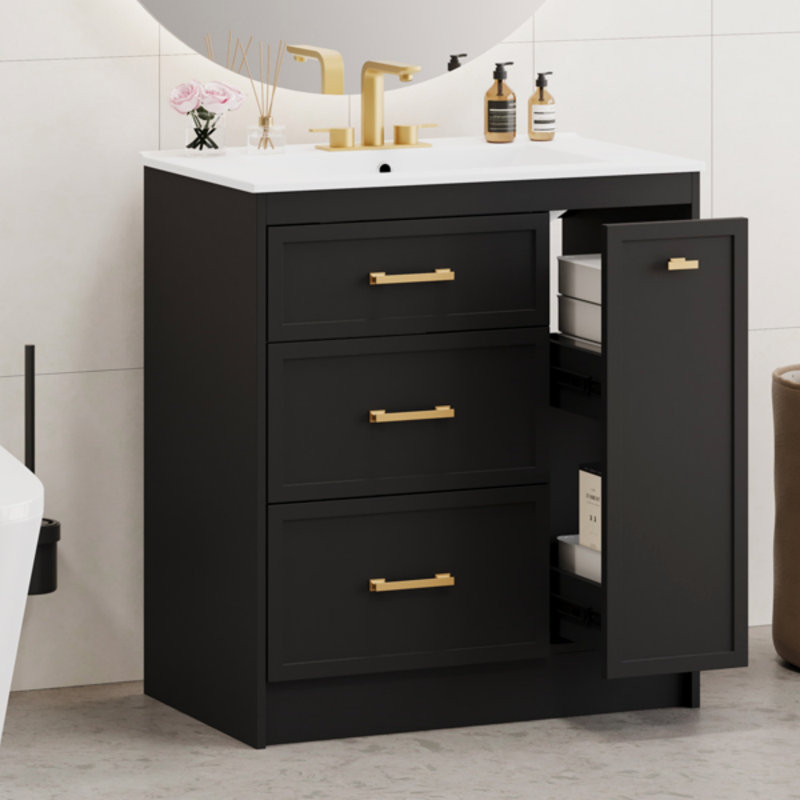 Ensemble de meuble-lavabo de 30 po au sol, avec trois tiroirs, dont un tiroir à double couche, avec de longues poignées dorées