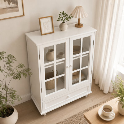 Modern Buffet Cabinet with Glass Doors, Adjustable Shelf & Drawer, White