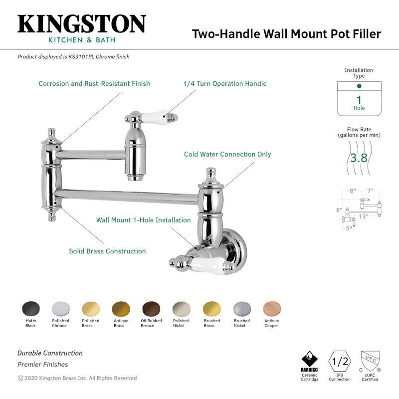 Kingston Brass Restoration Two-Handle 1-Hole Wall Mount Pot Filler Faucet, Oil Rubbed Bronze