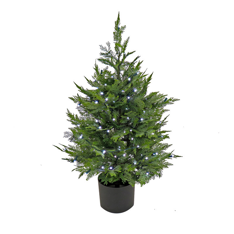 3 ft Prelit Artificial Cypress Tree with 100 Multi-Function LED Lights, Realistic Fake Tree Potted Plant, Matte Black Nursery Pot